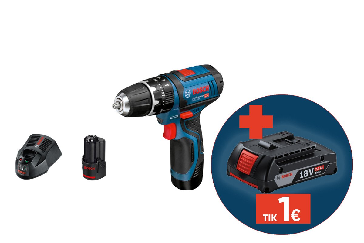 Akumuliatorinis smūg. suktuvas BOSCH Professional GSB 12V-15, 12V, 2x2,0 Ah, GAL 12V-20, sukimo momentas 15/30 Nm