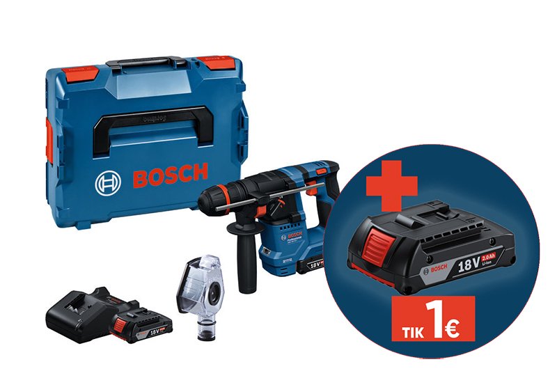 Akumuliatorinis perforatorius BOSCH Professional GBH 18 V-18 X, 18 V, komplekte 2 x 2,0 Ah akumuliatoriai ir kroviklis, lagaminas, 0611927101