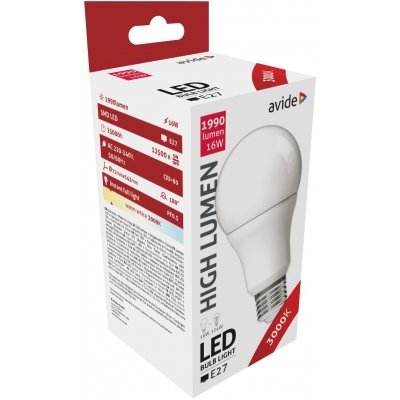 LED lemputė AVIDE, 16W, E27, A70, WW, 3000K, 220-240V,1990 lm, 240°