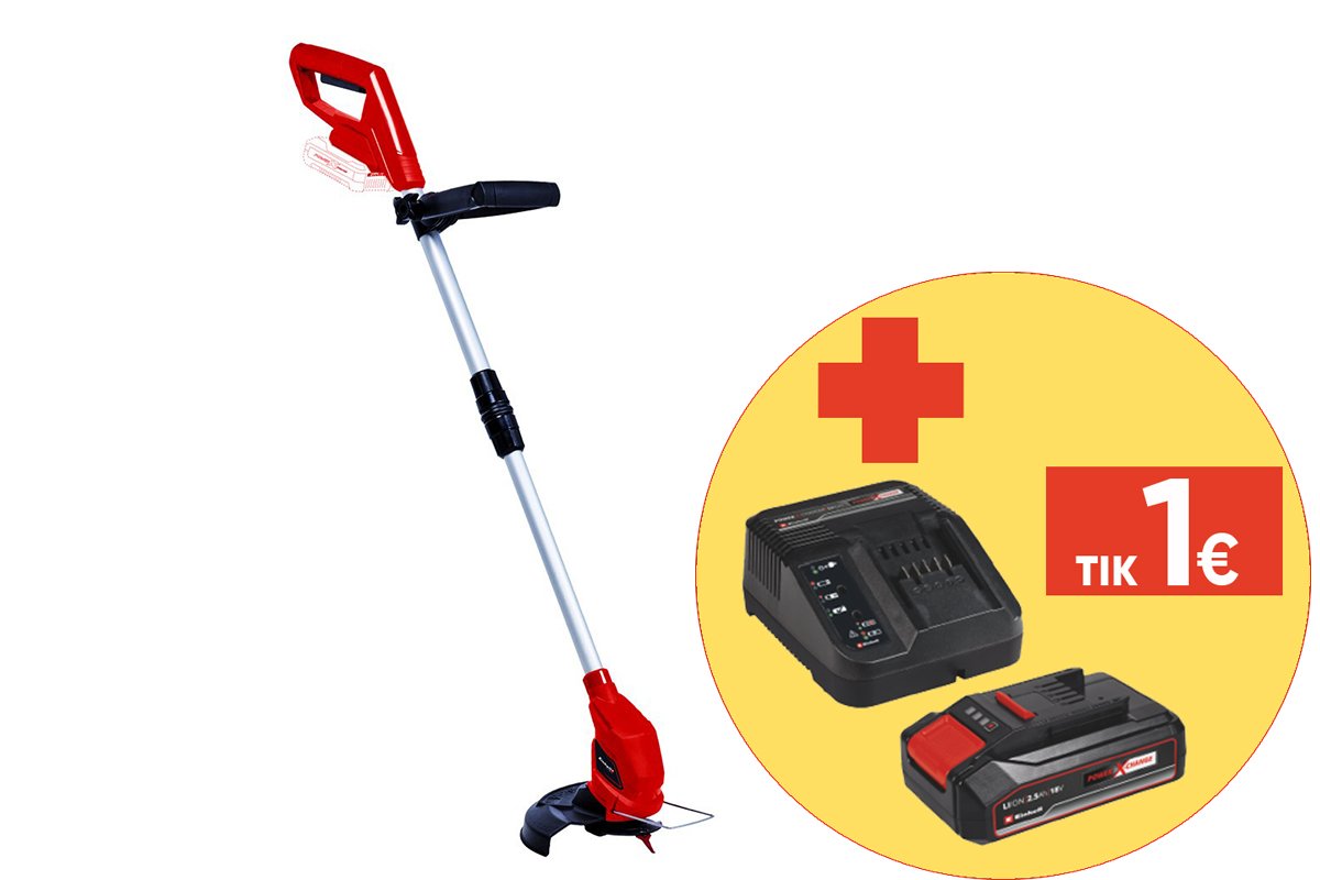 Akumuliatorinė žoliapjovė EINHELL GC-CT 18/24 Li-Solo, 18 V, pjovimo plotis (plastikinis peilis) 24 cm, svoris 1,27 kg, teleskopinis kotas, kilpinė rankena, be akumuliatoriaus ir pakrovėjo