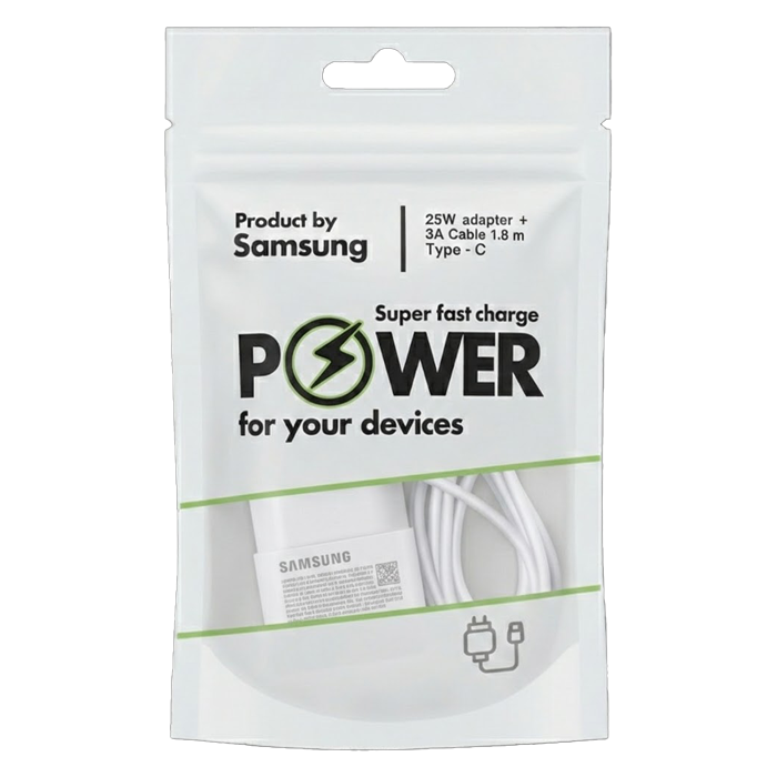 Telefono įkroviklis SAMSUNG, 25 W, komplekte adapteris ir Type-C 1.8 m laidas, baltos sp.