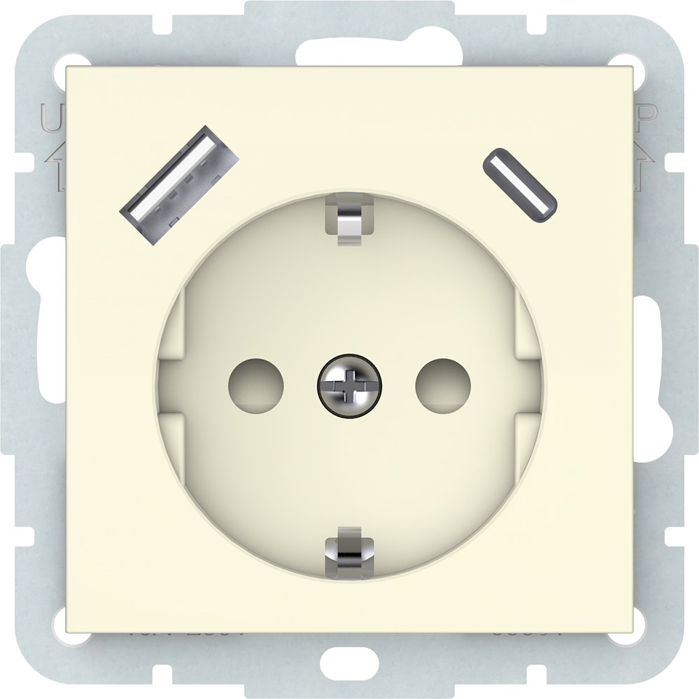 Kištukinis lizdas VILMA QR1000, įleidžiamas, be rėmelio, su įž.,  USB-A ir USB-C maitinimo lizdas, dramblio kaulo sp., RP16-002-22/USB-C/USB-A