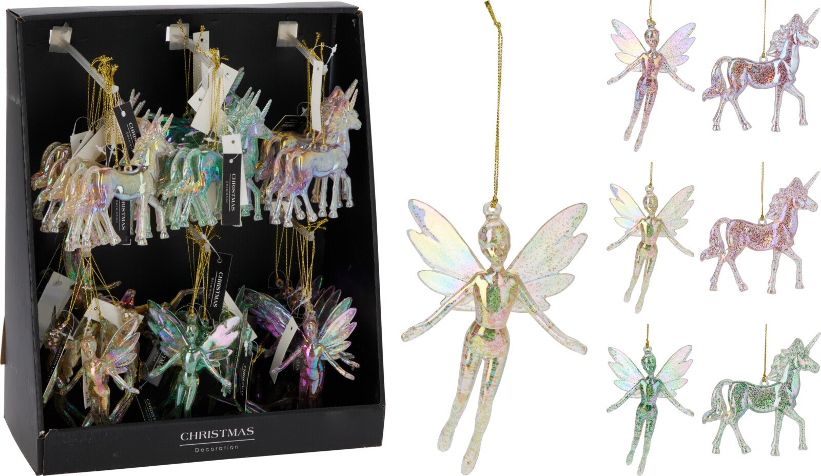 Eglutės žaisliukas Fėja ir Vienaragis, žėrinti su blizgučiais, 2 skirtingi dizainai