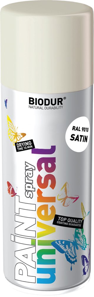 Universali aerozolinė emalė BIODUR, baltas satinas (RAL9010), 400 ml