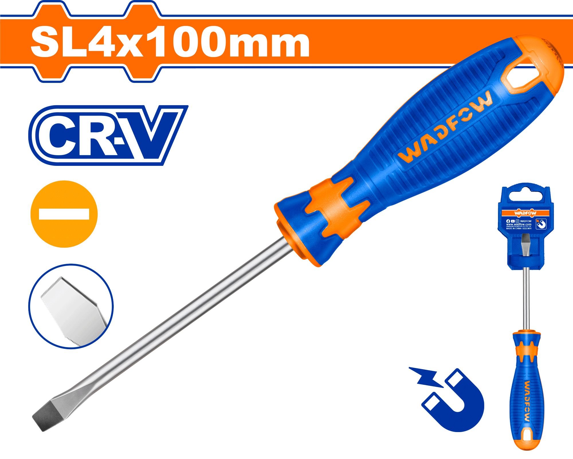 Plokščias atsuktuvas WADFOW, magnetinis, Cr-V, 4x100 mm, WSD1244
