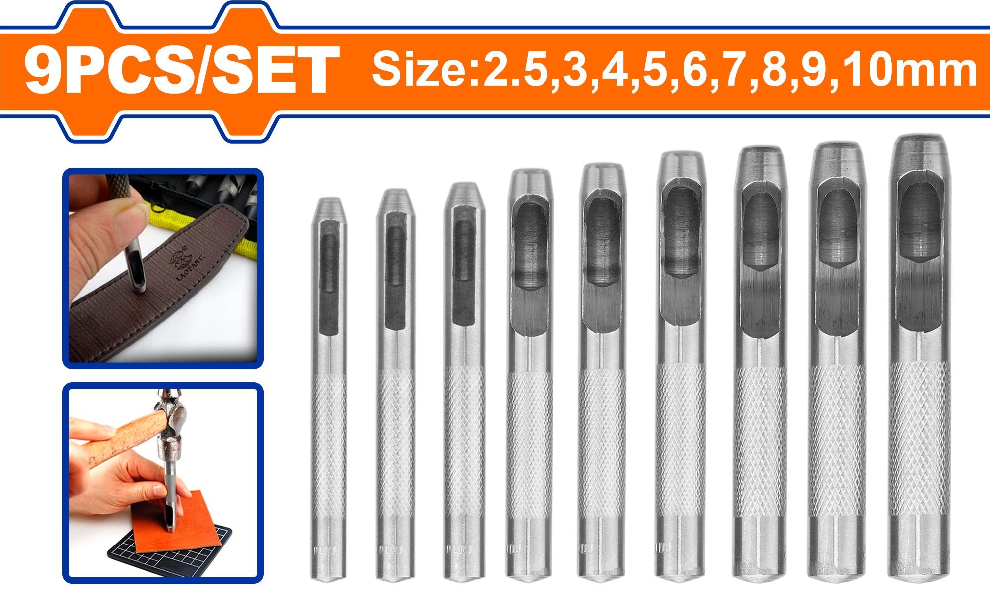 Skylių išmušimo rinkinys WADFOW, tuščiaviduriai, 2,5-10 mm, 9 vnt., WCC7509
