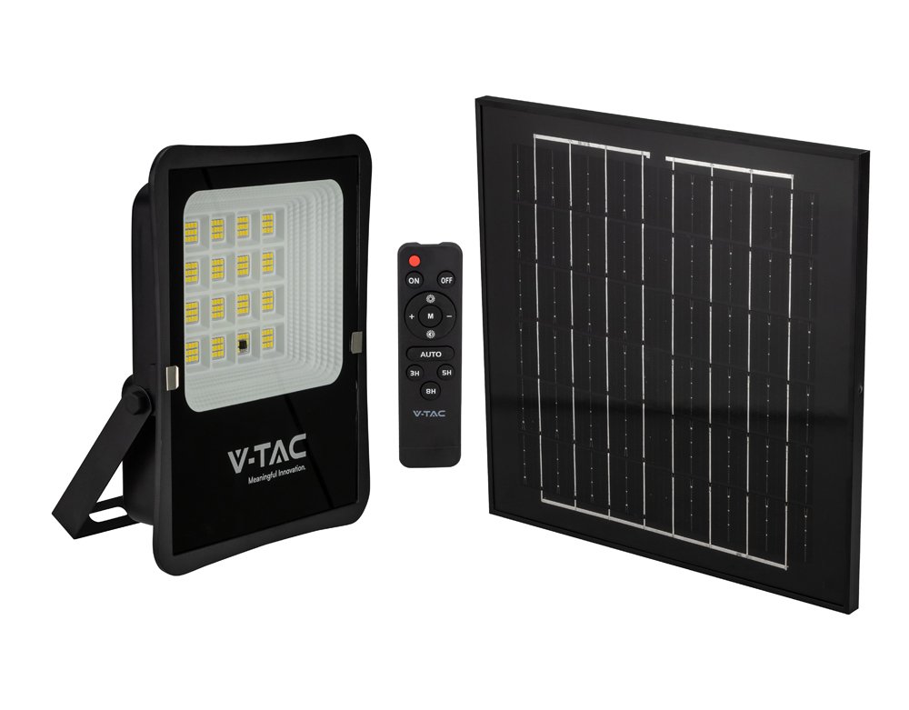 LED prožektorius V-TAC VT-55100, įkraunamas saulės elementais, 1200 lm, 4000 K, IP65, veikimo laikas iki 8 val., kompl. saulės kolektorius, 5m laidas, nuotol. valdymo pultas