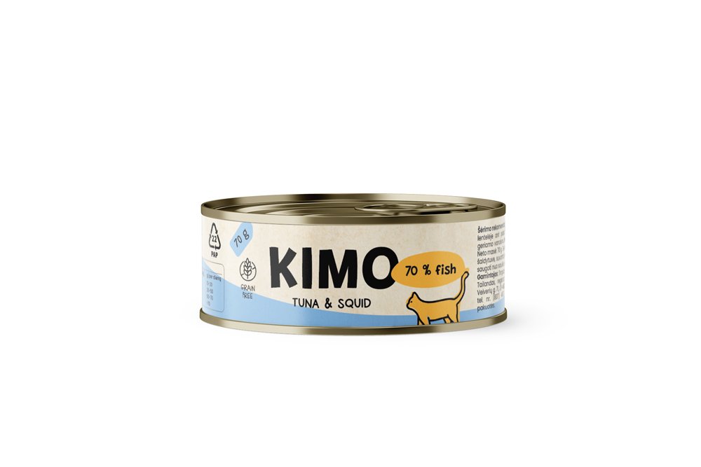 Konservuotas kačių ėdalas KIMO, suaugusioms katėms, su tunu, kalmarais ir ryžiais, 70g