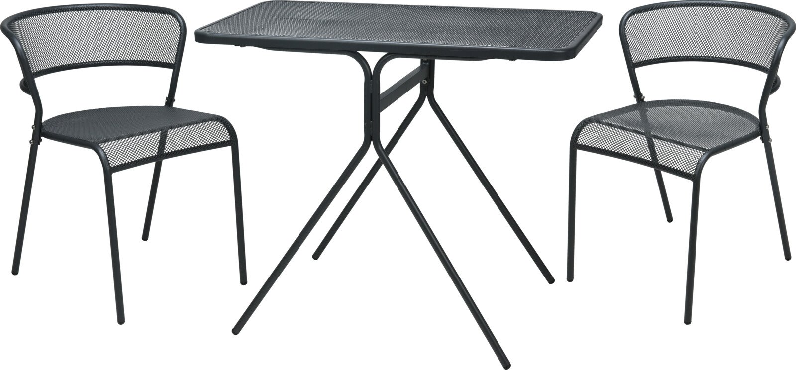 Metalinis sodo baldų komplektas, staliukas 90 x 52 x 47 cm, 2 kėdės 54 x 57 x 70 cm, spalva tamsiai pilka