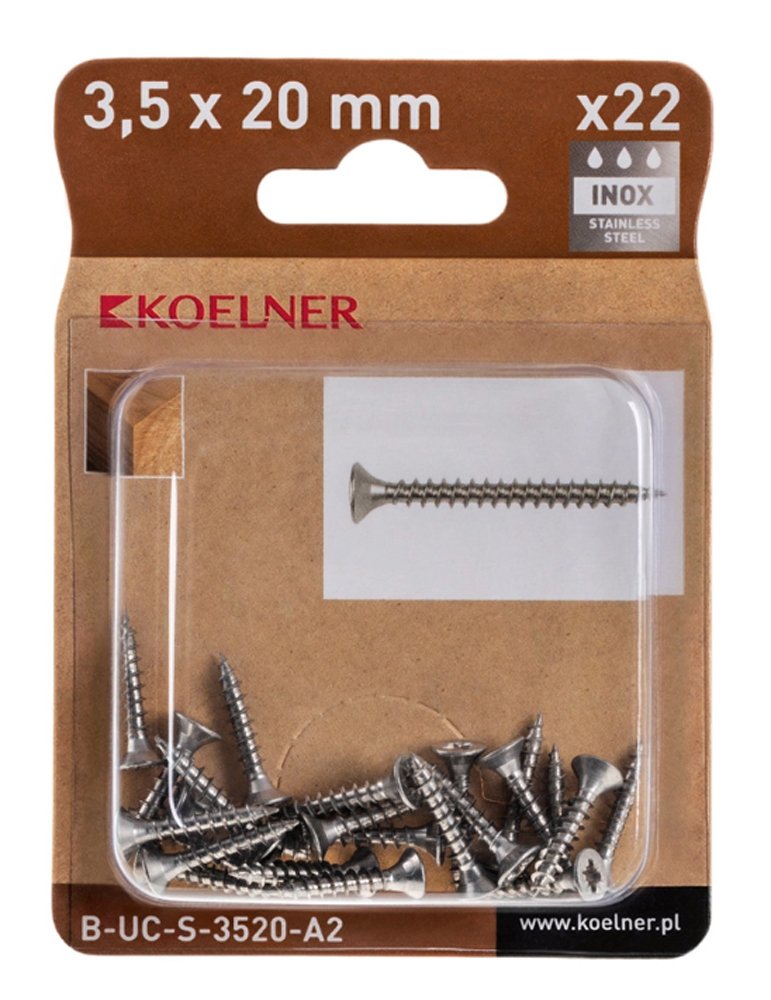 Medsraigčiai KOELNER, 3,5 x 20 mm, įleidžiama galva, nerūd. plieno A2, 22 vnt., PZ