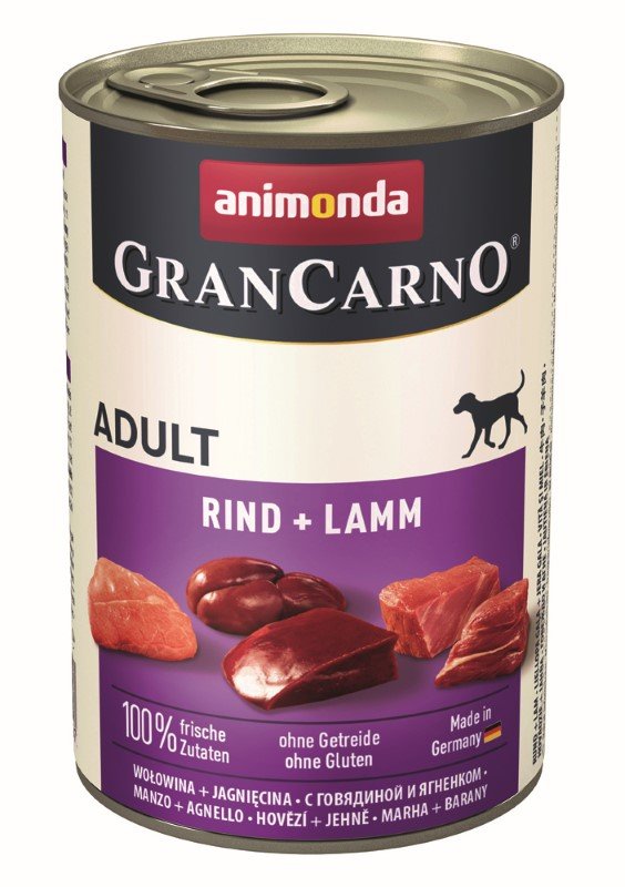 Konservuotas šunų ėdalas GRANCARNO Adult, suaugusių šunų konservai su jautiena ir ėriena, 400g