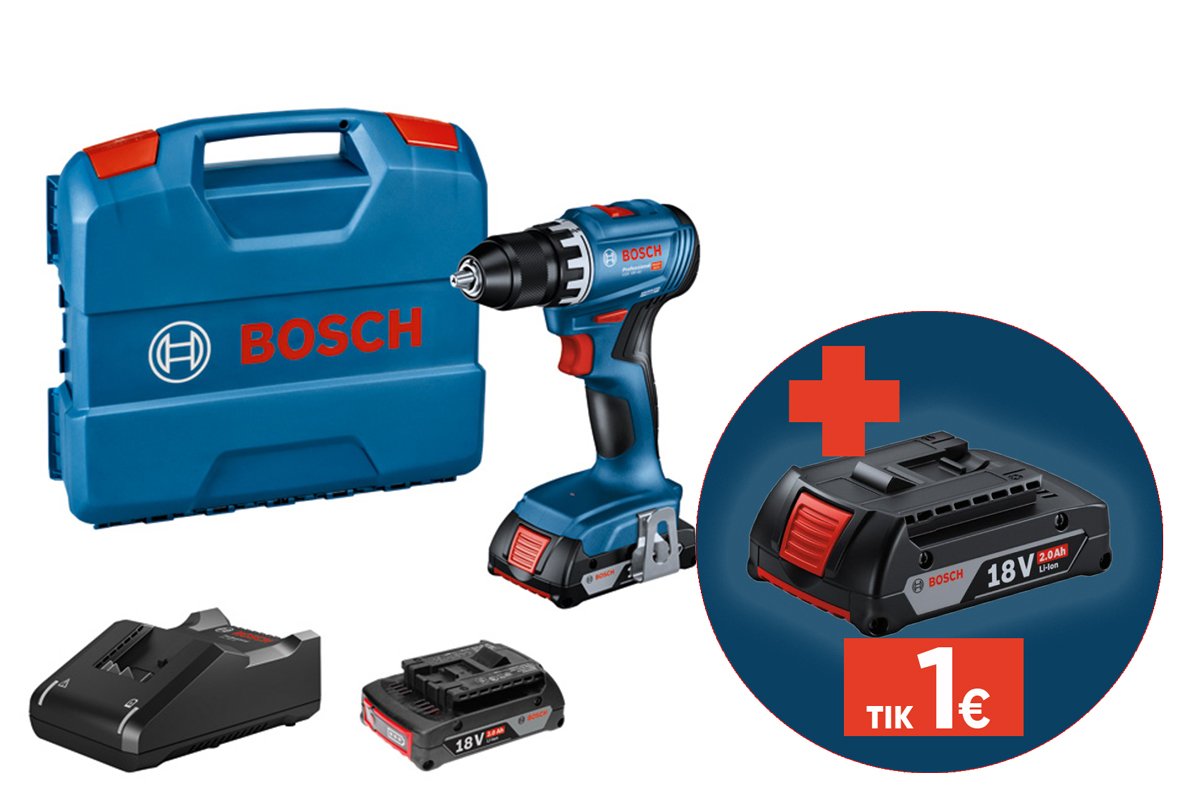 Akumuliatorinis gręžtuvas BOSCH Professional GSR 18V-45, 2x2.0 Ah, maks. sukimo momentas 45 Nm, lagamine