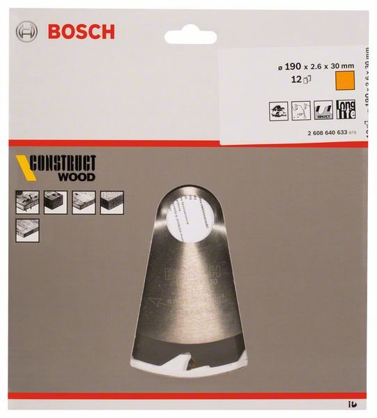 Medienos pjovimo diskas BOSCH Construct Wood, 190 x 30 x 2,6 mm, 12