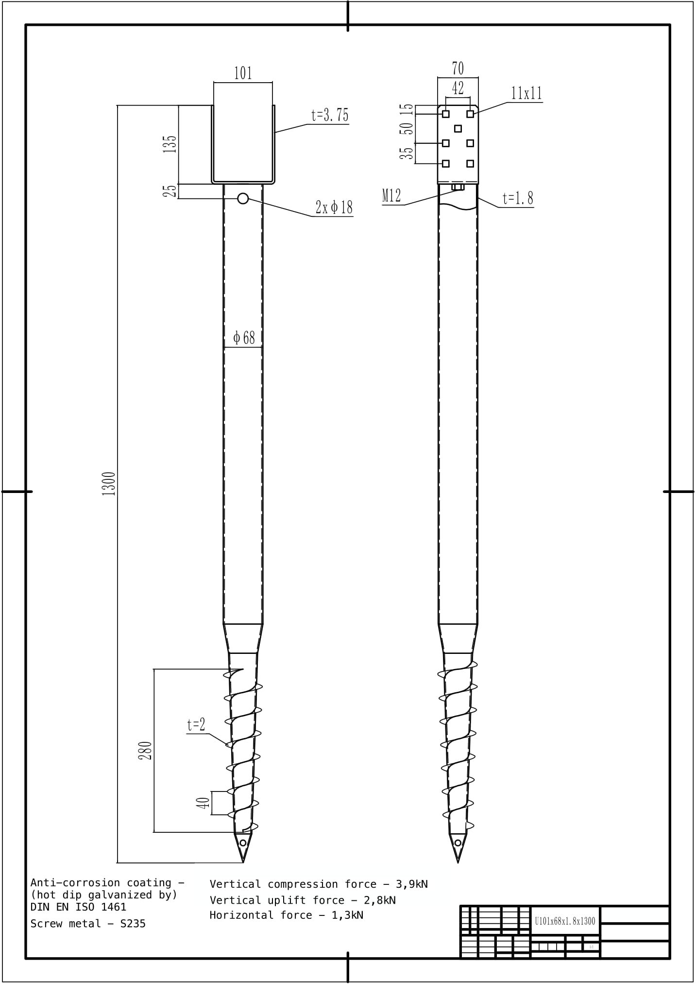 Įsukamas sraigtinis U tipo polius, 101 x 1300 x 1,8 mm, HDG | MOKI VEŽI