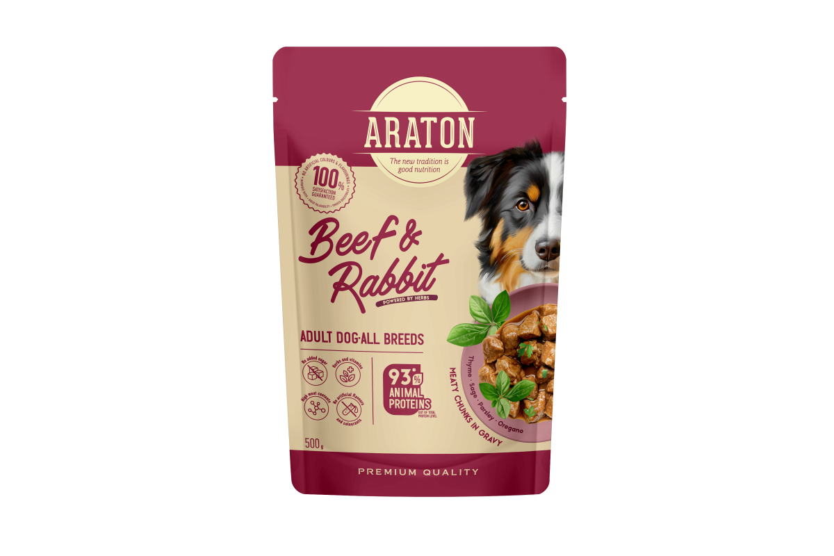Konservuotas šunų ėdalas ARATON, visų veislių suaugusių šunų šlapias pašaras su jautiena ir triušiena, 500 g