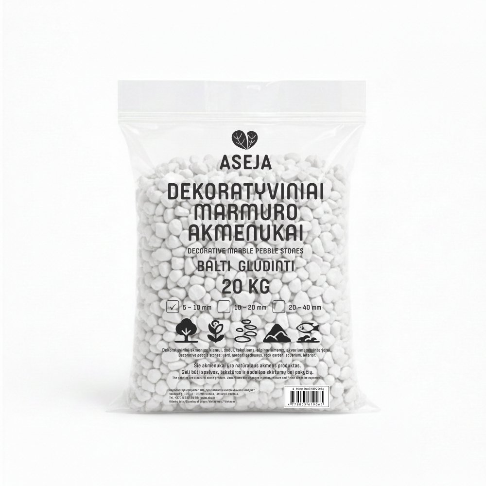 Dekoratyviniai marmuro akmenukai ASEJA, balti, gludinti, 5-10 mm, 20 kg