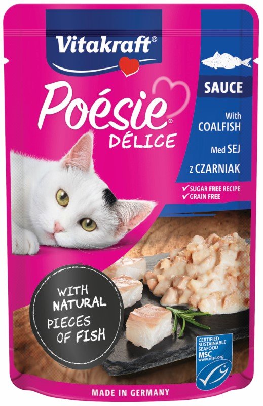 Konservuotas kačių ėdalas VITAKRAFT POESIE DELICE, su ledjūrio menke, maišelyje, 85g