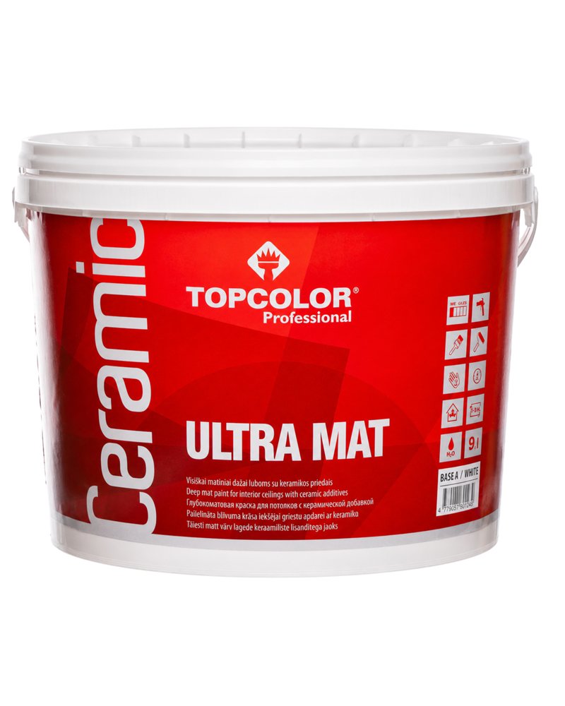 Vandeniniai vidaus dažai TOPCOLOR Ceramic Ultra Mat, 9 L, A bazė, matiniai, luboms