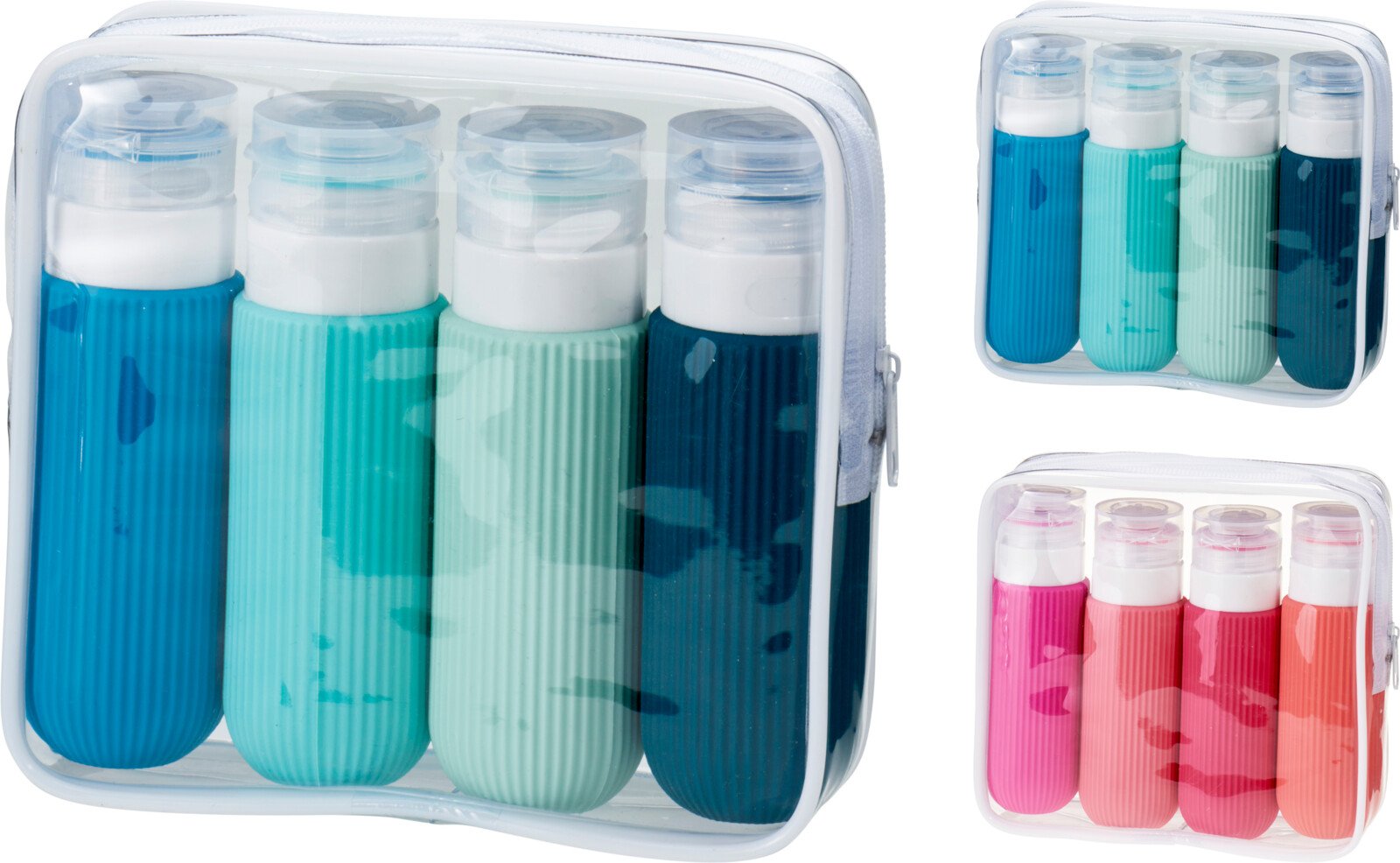 Kelioninių buteliukų rinkinys, 4 dalių su maišeliu, 2 skirtingos sp.