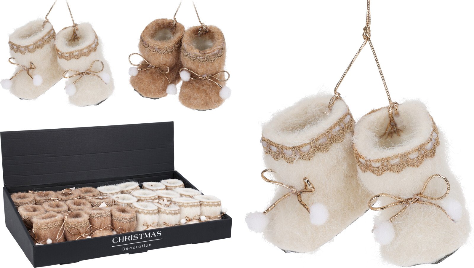 Kalėdinė dekoracija Batai, pakabinama, 2 spalvos (ruda, smėlio), 7,5 x 5 x 7 cm