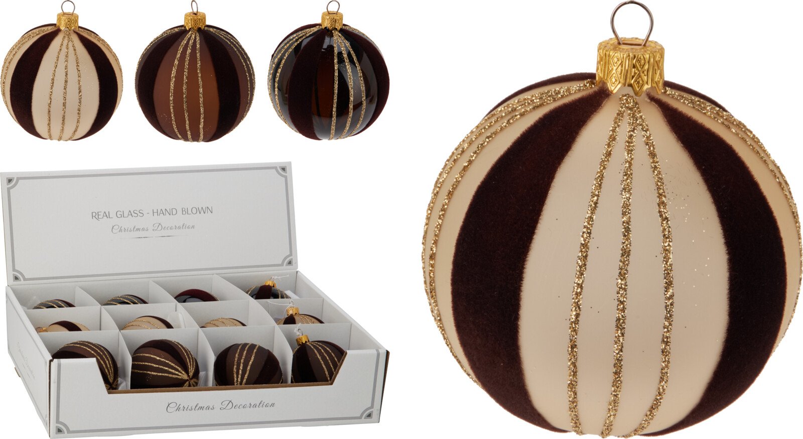 Eglutės žaisliukas, stiklas, su aksominiais elementais, 3 skirtingos sp., skersmuo 8 cm