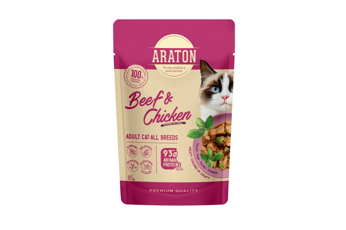 Konservuotas kačių ėdalas ARATON, visų veislių suaugusių kačių šlapias pašaras su jautiena ir vištiena, 85 g