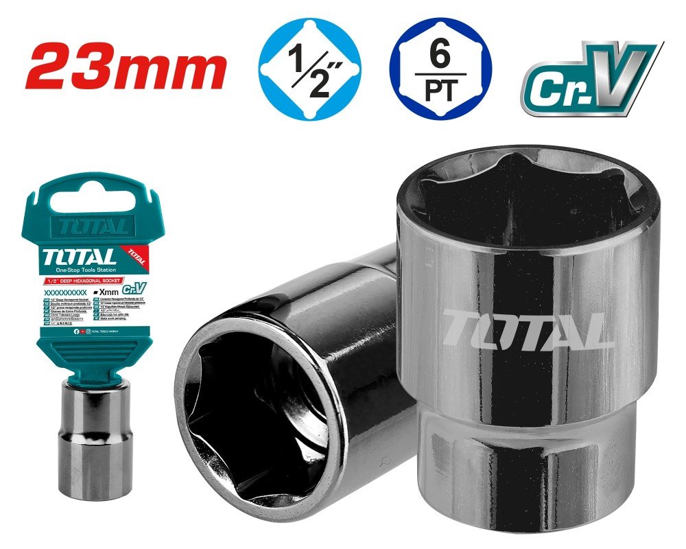Šešiakampė galvutė TOTAL, CR-V(50BV30), 1/2", 23 mm, ilgis 38 mm, THTST12231