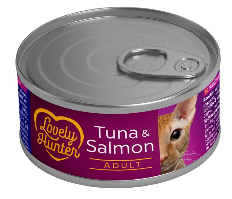 Konservuotas kačių ėdalas LOVELY HUNTER, su tunu ir lašiša, 85g