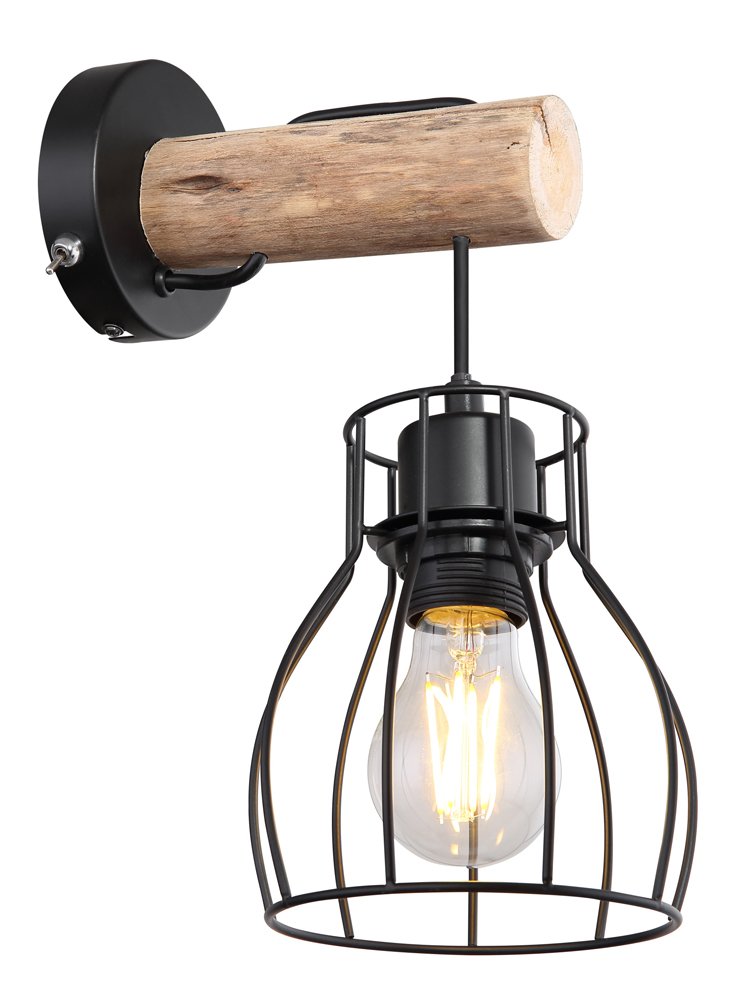 Sieninis šviestuvas GLOBO Mina, E27, 1 x 40W, 230V, juodas metalas, natūralus medis, su jungikliu, 136 x 300 mm, 15326NW
