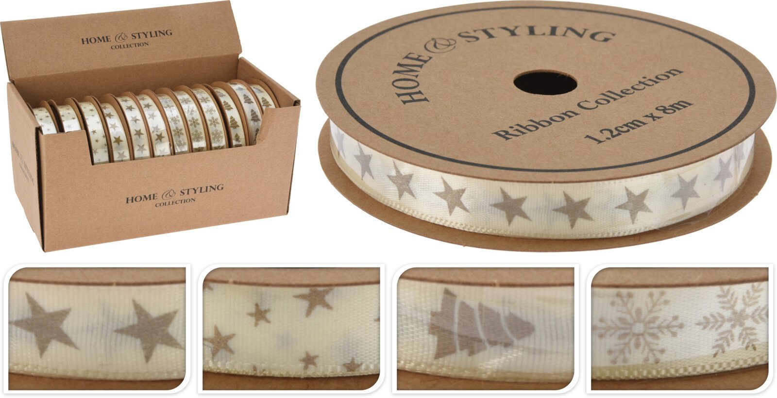 Dovanų pakavimo juostelė, šampano sp., 4 skirtingi dizainai, 1,2 cm x 8 m