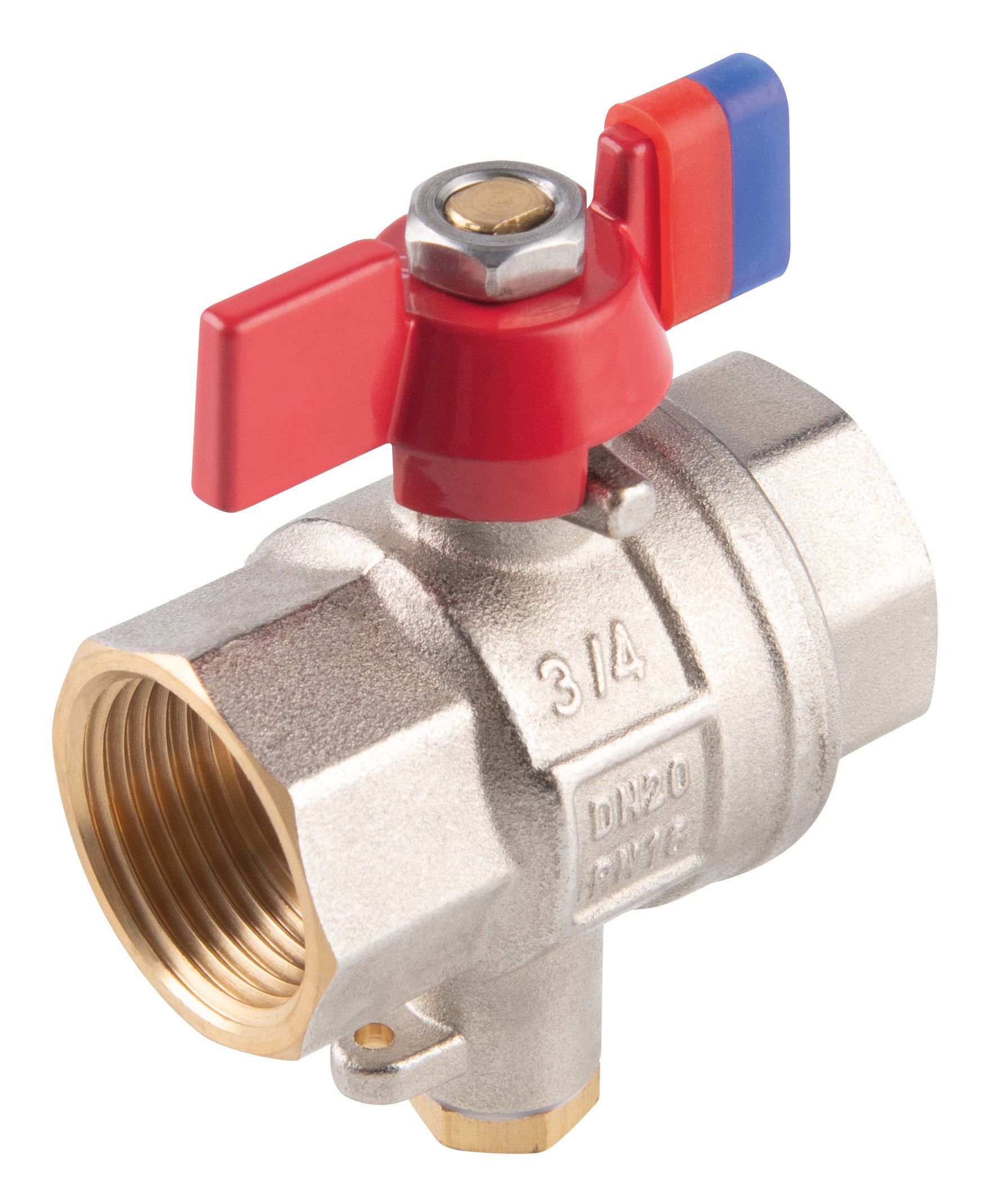Pilno pralaidumo rutulinis ventilis FERRO Power, trumpa rankena, vidus-vidus, 3/4 " su M10 × 1 jungtimi temperatūros jutikliui, KFPMT2, KFPMT2