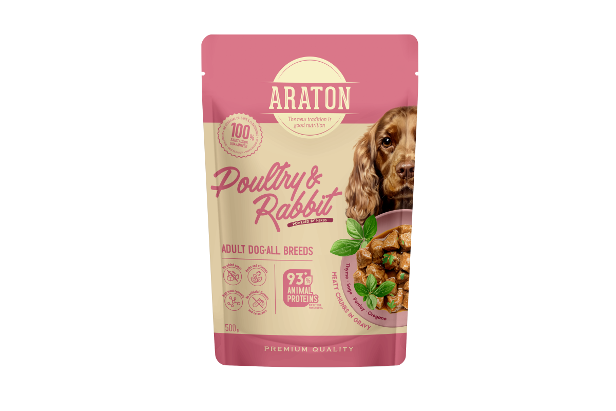 Konservuotas šunų ėdalas ARATON, visų veislių suaugusių šunų šlapias pašaras su paukštiena ir triušiena, 500 g