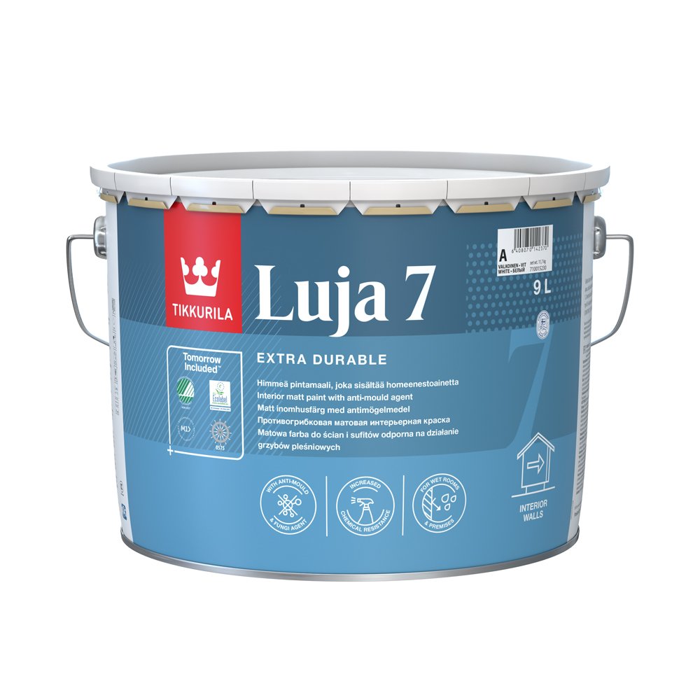 Vandeniniai vidaus dažai TIKKURILA Luja 7, 9 l, A bazė, balti, pusiau matiniai