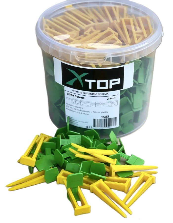 Plytelių išlyginimo sistema XTOP, 2 mm, inkarų 300 vnt, pleištų 50 vnt., plytelių aukštis 5-14mm 