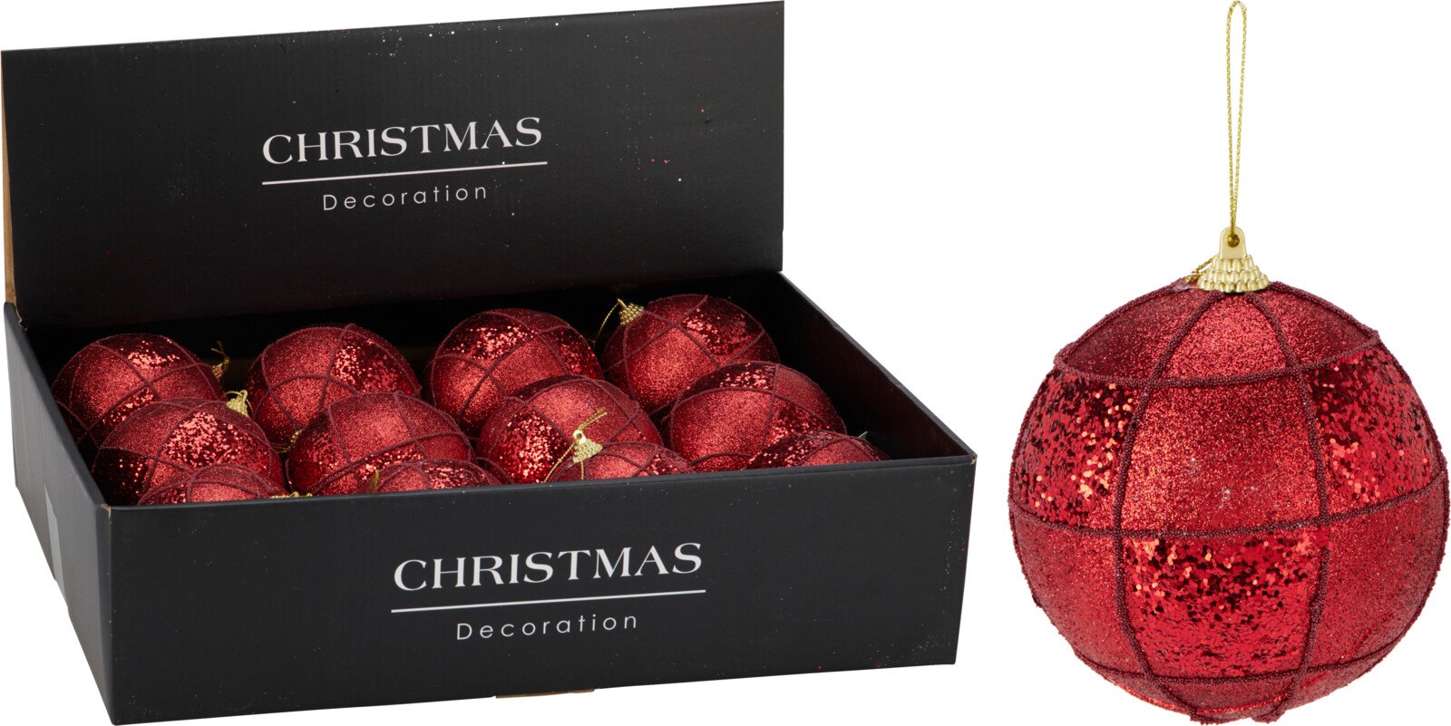 Eglutės žaisliukas, raudonos sp., su linijomis ir blizgučiais, skersmuo 10 cm