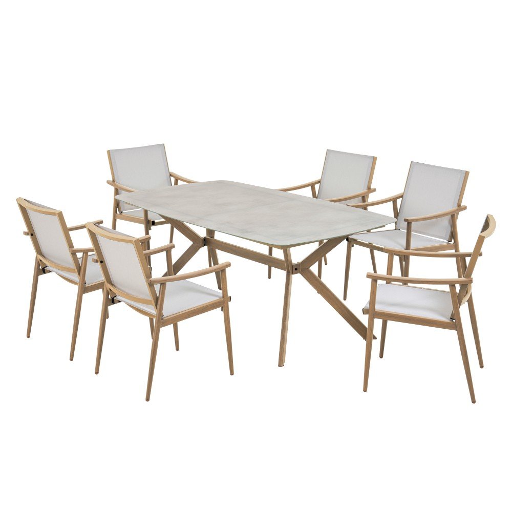 Lauko baldų komplektas ESTI ESTA NAPA, 100 x 180 cm stalas, 6 kėdės. Aliuminio karkasas, keraminis stalviršis