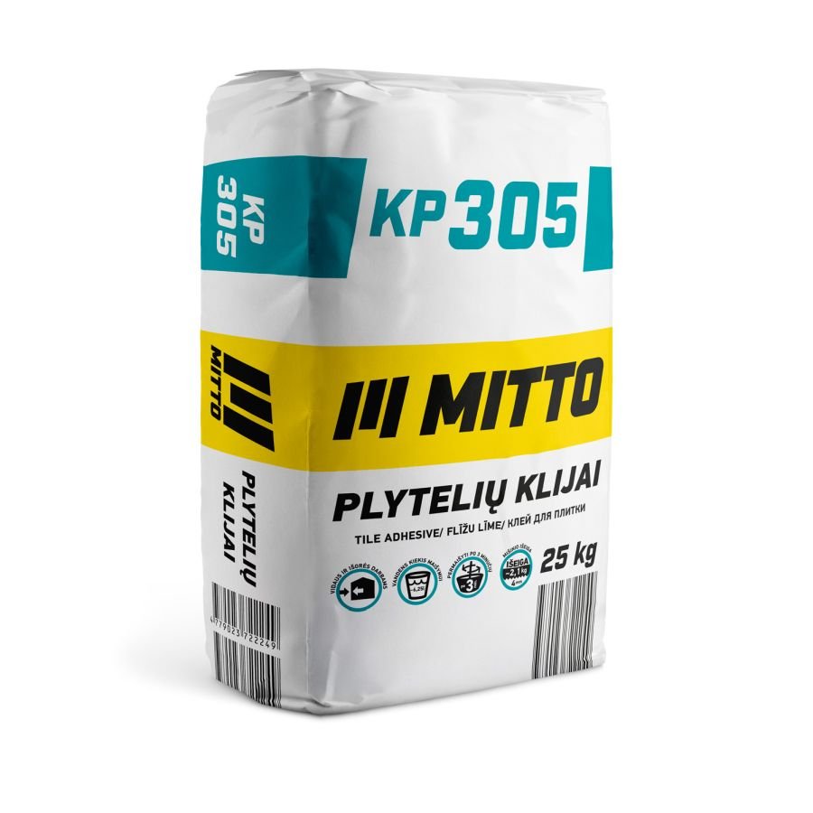 Klijai keraminėms ir akmens masės plytelėms MITTO KP305, C1, vidaus ir išorės darbams, 25 kg