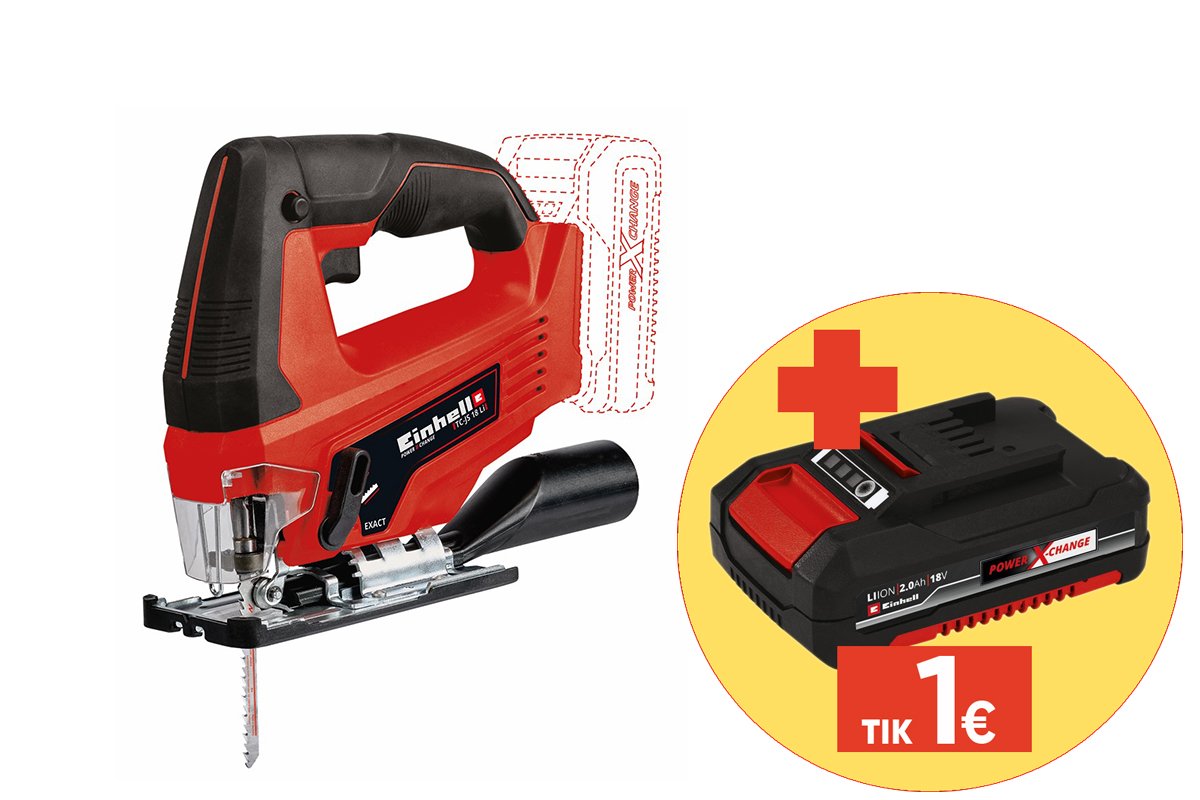 Akumuliatorinis siaurapjūklis EINHELL TC-JS 18 Li - Solo, 18 V, pjovimo kampo reguliavimas, dulkių nusiurbimas, be akumuliatorių ir kroviklio