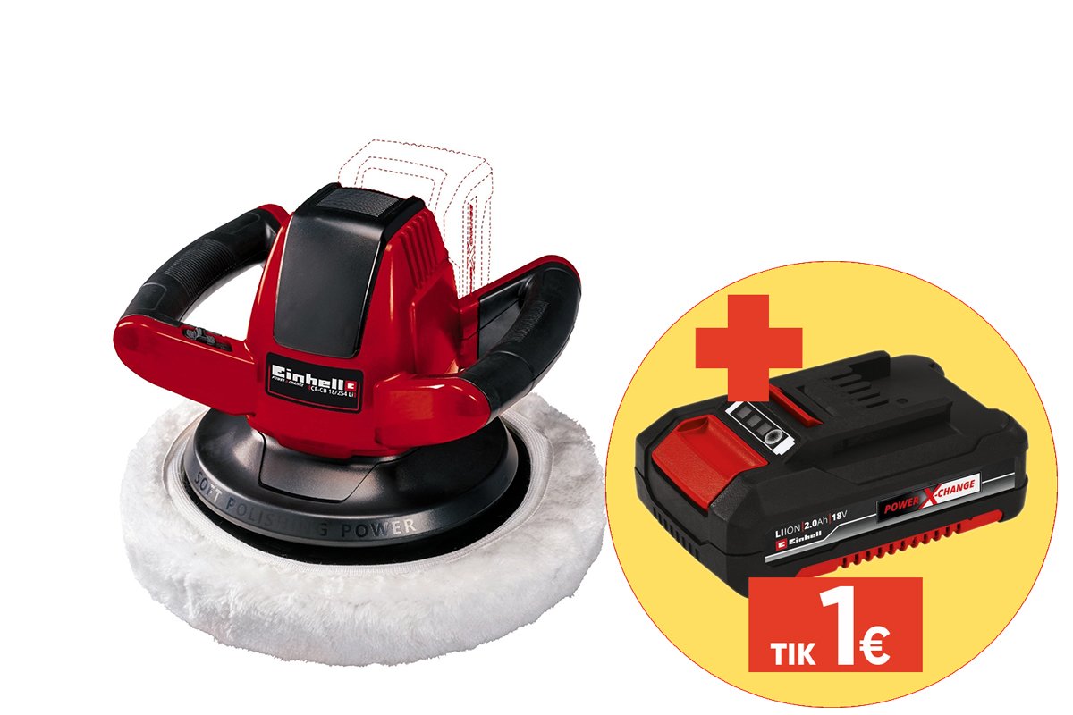 Akumuliatorinis poliruoklis EINHELL CE-CB 18/254 Li, Solo, 18/254 Li, 18 V, Li-ion, poliravimo diskas 254 mm, svoris 1,93 kg, maks. greitis be apkrovos 2500 aps./min, be akumuliatoriaus ir kroviklio