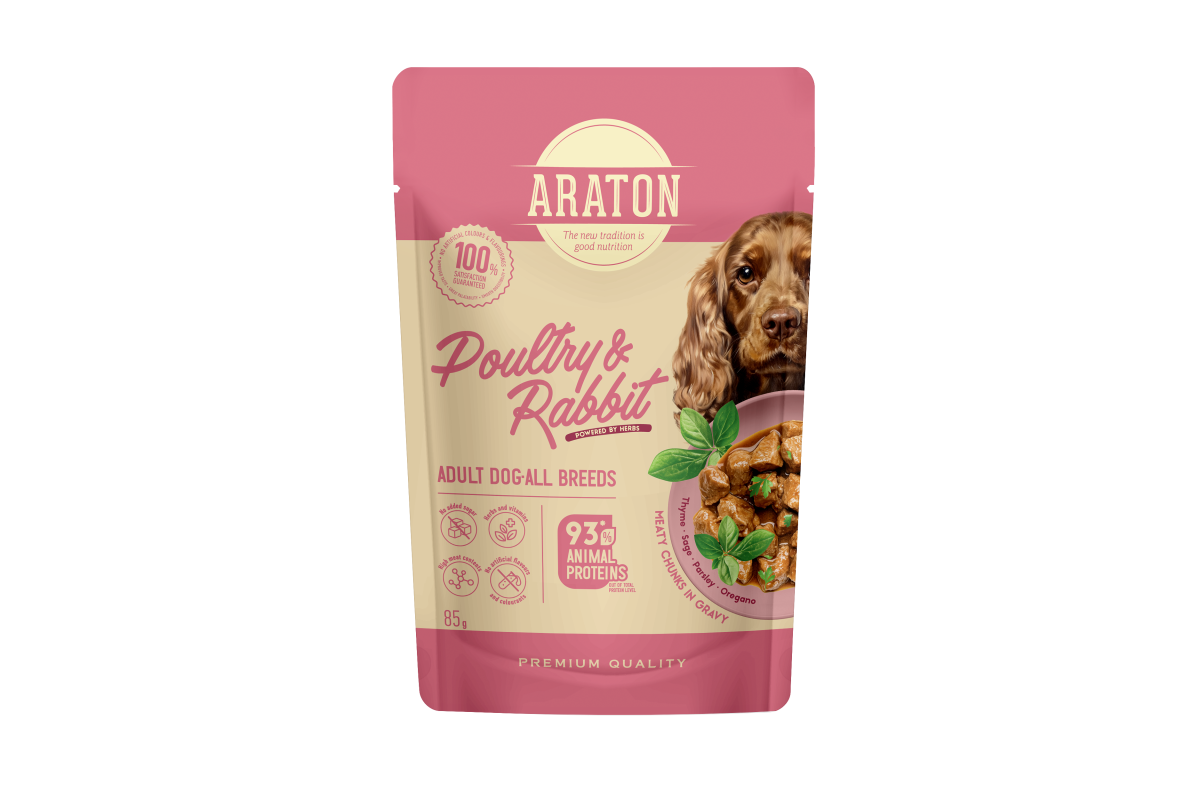 Konservuotas šunų ėdalas ARATON, visų veislių suaugusių šunų šlapias pašaras su paukštiena ir triušiena, 85 g