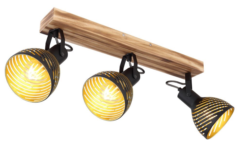 Kryptinis šviestuvas GLOBO Lenna, E27, 3 x 40W, 230V, juodos matinės sp. metalas, tamsiai rudas medis, aukso sp. gaubto vidus, 125 x 540 x 250 mm, 54660-3