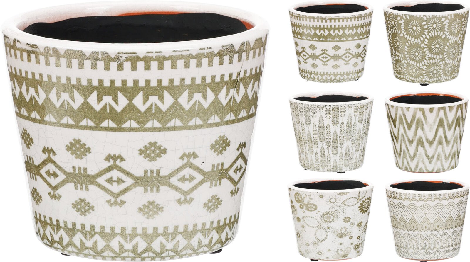 Kambarinis keraminis vazonas, baltai žalios sp., 6 skirtingi dizainai, 14 x 12 cm