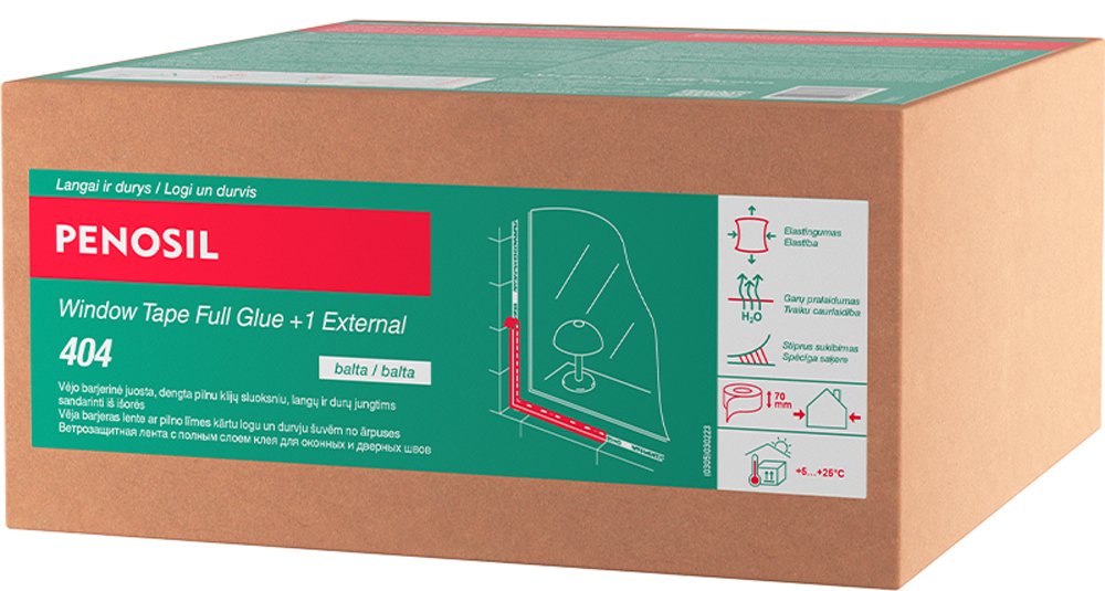 Pilnai dengta klijais langų sandarinimo juosta PENOSIL, Window Tape Full Glue External 404, išorinė, baltos spalvos, 70mm/25m
