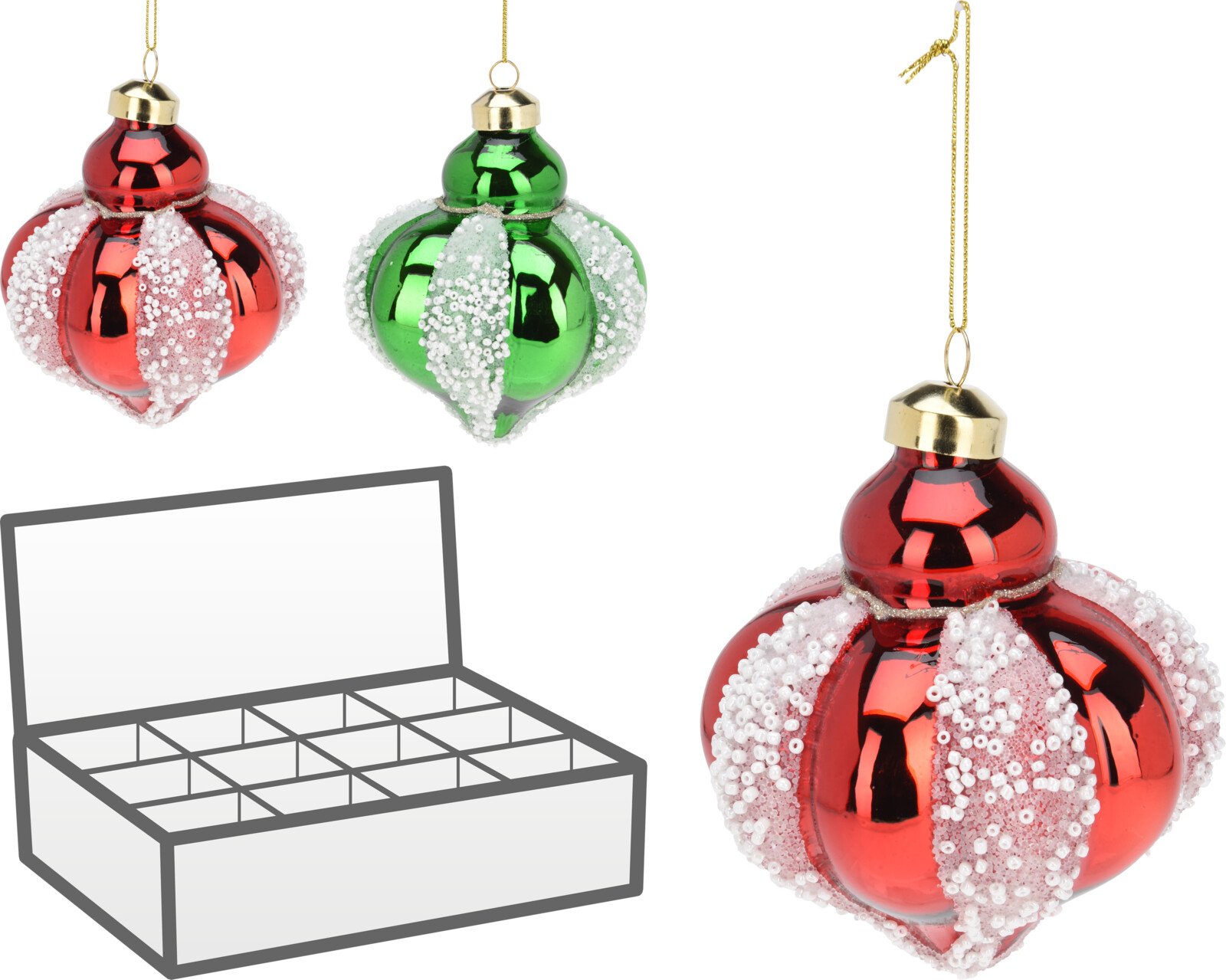 Eglutės žaisliukas, stiklas, 2 skirtingos sp. su skaidriais karoliukais ir balta blizgia juostele, 8 × 10 cm