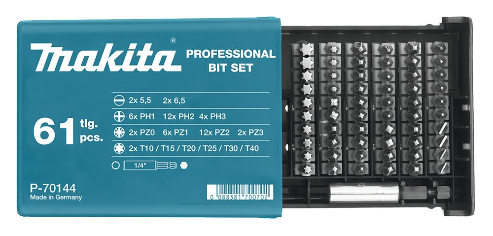 Sukimo antgalių komplektas MAKITA , 61 vnt.(5.5; 6.5; PH1; PH2; PH3; PZ0; PZ1; PZ2, PZ3, T10; T15; T20; T25; T30; T40