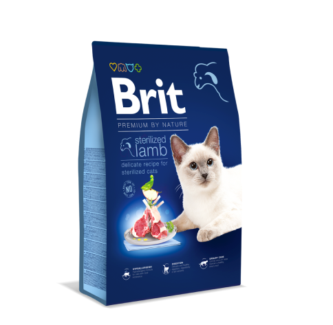 Sausas kačių ėdalas BRIT PREMIUM, visavertis pašaras su ėriena sterilizuotoms katėms su jautriu virškinimu, 1,5kg
