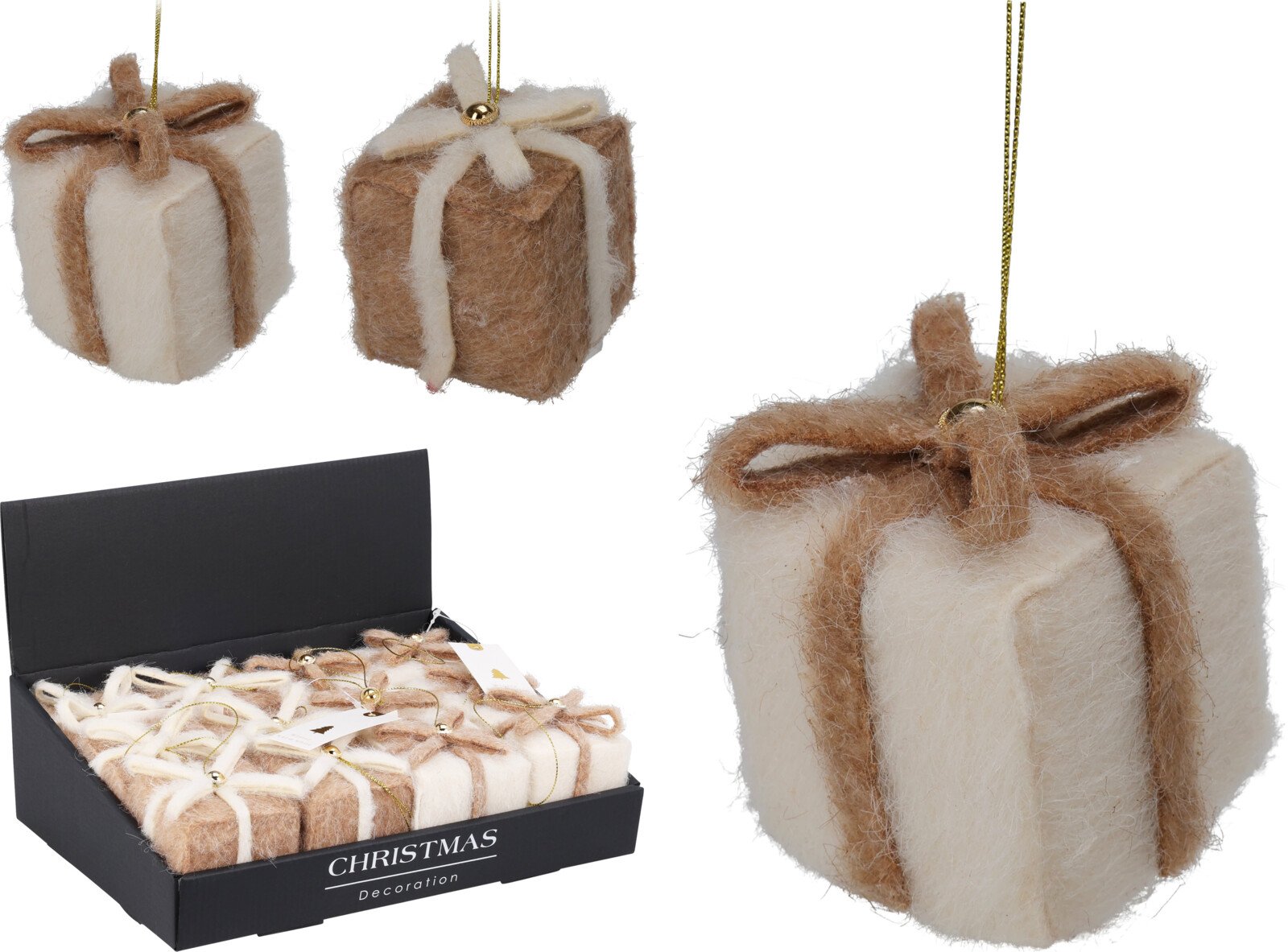 Kalėdinė dekoracija Dovanų dėžutė, pakabinama,2 spalvos (ruda, smėlio), 7,5 x 5 x 7 cm