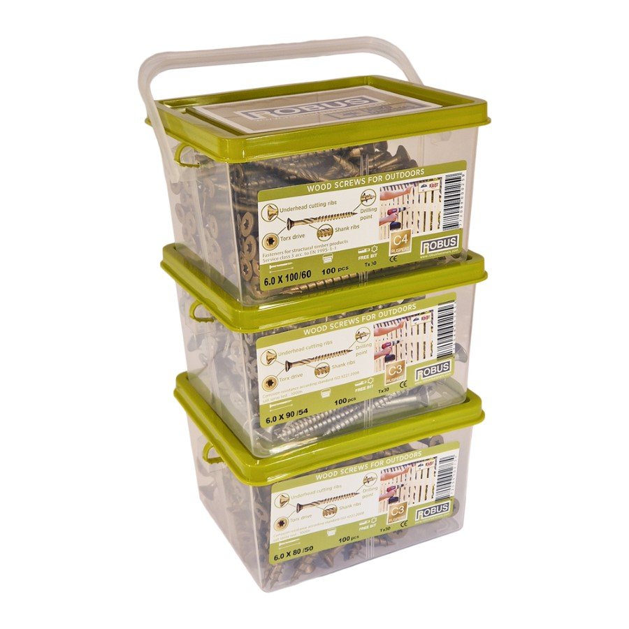 Konstrukcinių medsraigčių rinkinys ROBUS, 6 x 80/50 mm, 6 x 90/54 mm, 6 x 100 /60 mm, įl. galva, lauko darbams C4, 300 vnt., TORX30
