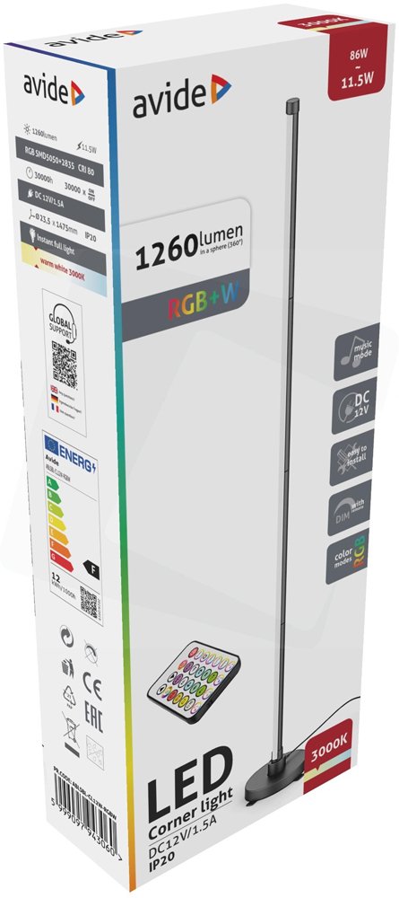 Toršeras AVIDE At-3060 Rgb+W, 220-240 V, 3000 K, 1260 lm, 120°, RGB+W keičia spalvas, IP20, su pultu, dimeriuojamas, 1475 x 235 mm, juodos sp.