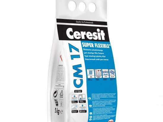 Plytelių klijai CERESIT CM17 SUPER FLEXIBLE, C2 TE S1, vidaus ir išorės darbams, 5 kg